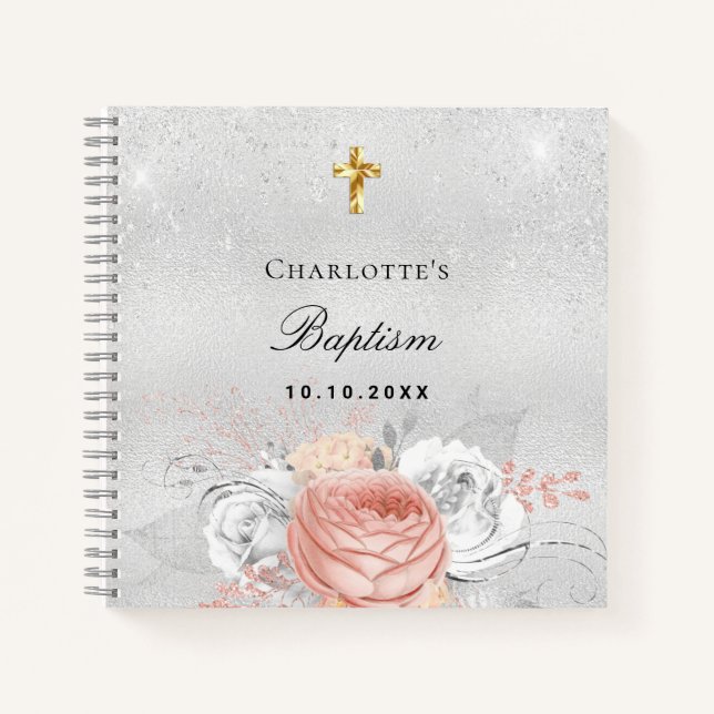 Guest book baptism rose gold florals silver (Front)