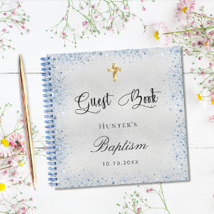 Guest book baptism silver blue boy name