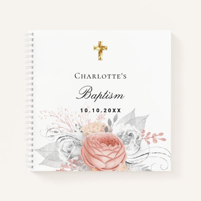 Guest book baptism white rose gold flowers girl (Front)
