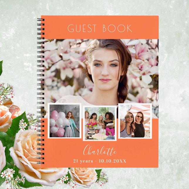 Guest book birthda coral orange photo collage (Creator Uploaded)