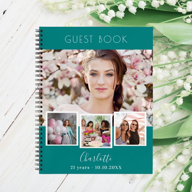 Guest book birthda teal green photo collage (Creator Uploaded)