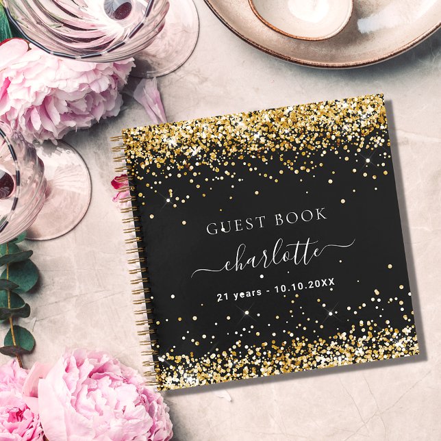 Guest book birthday black gold glitter dust name (Creator Uploaded)