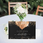 Guest book birthday black gold glitter name<br><div class="desc">A stylish black background with faux gold glitter dust. Decorated with golden balloons. Personalise and add a name, age and a date. Personalise and add your text on the spine. The name is written with a modern hand lettered style script with swashes. To keep the swashes only delete the sample...</div>