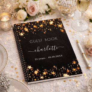 Guest book birthday black gold stars name
