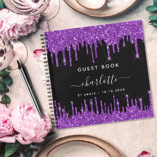 Guest book birthday black purple glitter drips