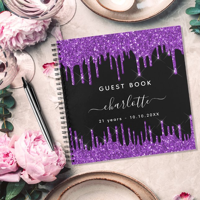 Guest book birthday black purple glitter drips (Creator Uploaded)