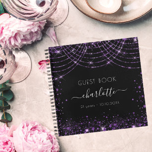 Guest book birthday black purple glitter monogram