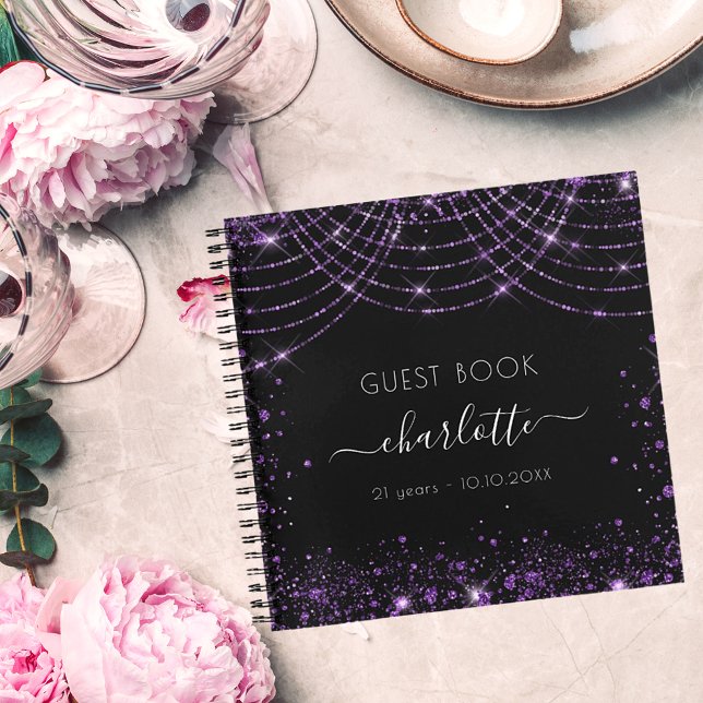 Guest book birthday black purple glitter monogram (Creator Uploaded)
