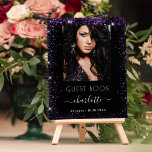 Guest book birthday black purple photo<br><div class="desc">A guest book for a feminine and glamourous 21st (or any age) birthday party.  A black background,  decorated with faux purple glitter,  sparkles. Add your name,  age 21,  date and a photo.</div>