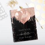 Guest book birthday black rose gold balloons<br><div class="desc">A stylish black background with rose gold faux glitter drips and sparkles. Decorated with purple balloons. Personalise and add a name, age and a date. The name is written with a modern hand lettered style script with swashes. To keep the swashes only delete the sample name, leave the spaces or...</div>