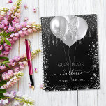 Guest book birthday black silver glitter name<br><div class="desc">A stylish black background with faux silver glitter drips and dust. Decorated with purple balloons. Personalize and add a name, age and a date. The name is written with a modern hand lettered style script with swashes. To keep the swashes only delete the sample name, leave the spaces or emoji's...</div>