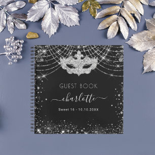 Guest book birthday black silver masquerade party
