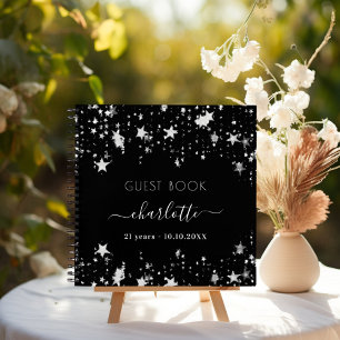 Guest book birthday black silver stars name