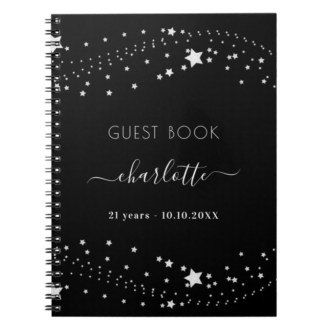 Guest book birthday black silver stars name (Front)