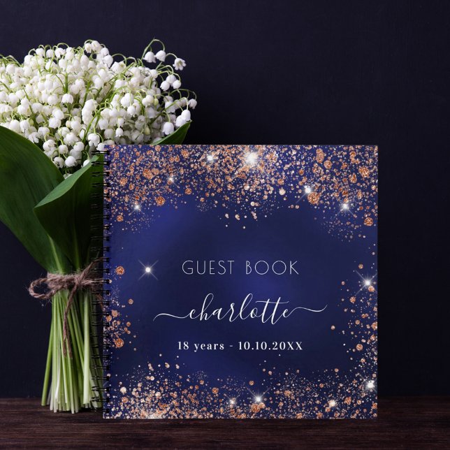 Guest book birthday blue rose gold glitter script (Creator Uploaded)
