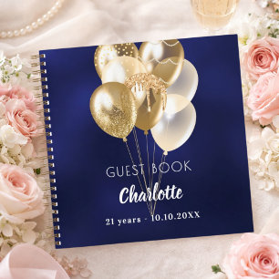 Guest book birthday navy blue gold balloons