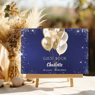 Guest book birthday navy blue gold balloons