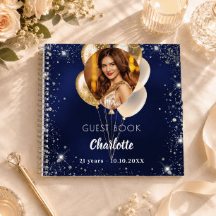 Guest book birthday navy blue gold photo balloons