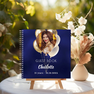 Guest book birthday navy blue photo gold balloons