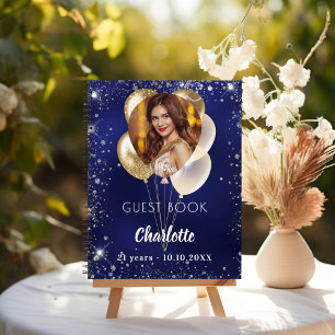 Guest book birthday navy blue photo gold balloons