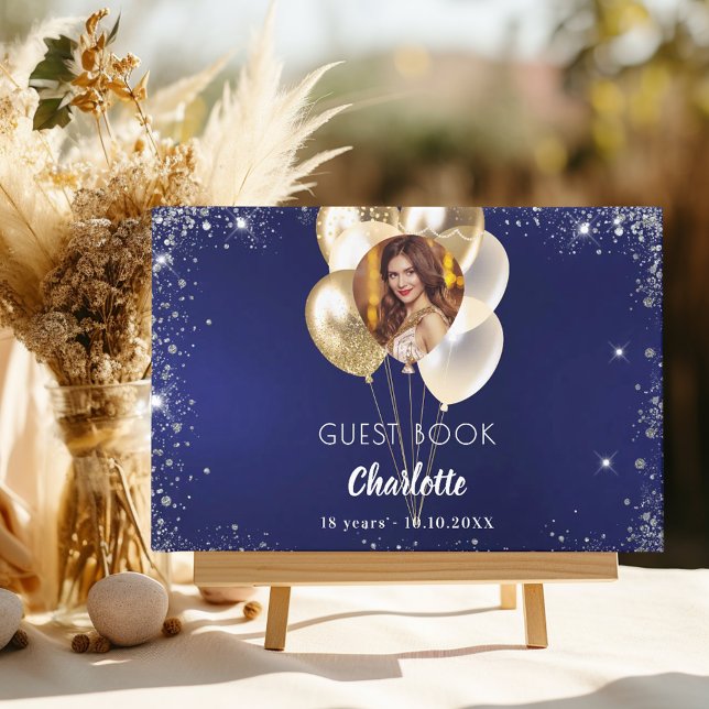 Guest book birthday navy blue photo gold balloons (Creator Uploaded)