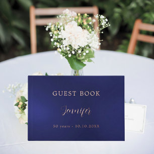 Guest book birthday navy blue rose gold foil