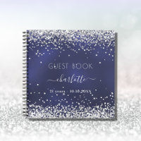 Guest book birthday navy blue silver glitter