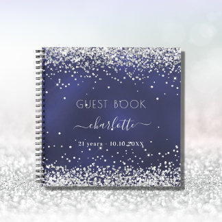 Guest book birthday navy blue silver glitter