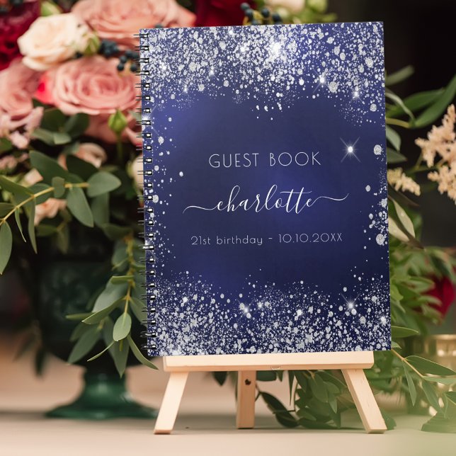 Guest book birthday navy blue silver glitter (Creator Uploaded)