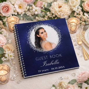 Guest book birthday navy blue silver glitter photo