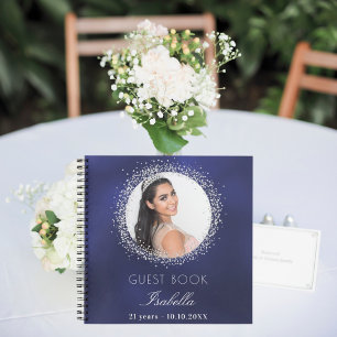 Guest book birthday navy blue silver glitter photo