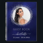 Guest book birthday navy blue silver glitter photo<br><div class="desc">A guestbook for a feminine and glamourous 21st (or any age) birthday party.  A stylish navy blue background with faux silver glitter sparkles round the photo. The blue colour is uneven. Add your name,  age 21,  date and a photo.</div>