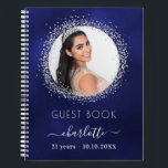 Guest book birthday navy blue silver glitter photo<br><div class="desc">A guestbook for a feminine and glamourous 21st (or any age) birthday party.  A stylish navy blue background with faux silver glitter sparkles round the photo. The blue colour is uneven. Add your name,  age 21,  date and a photo.</div>