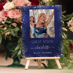 Guest book birthday navy blue silver photo<br><div class="desc">A guest book for a feminine and glamourous 21st (or any age) birthday party.  A modern navy blue/dark blue background,  decorated with faux silver glitter,  sparkles. Add your name,  age 21,  date and a photo.</div>