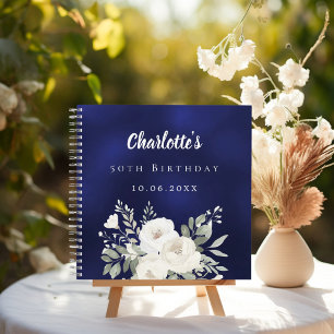 Guest book birthday navy blue white florals