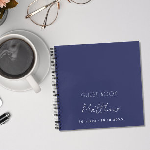 Guest book birthday navy blue white name simple