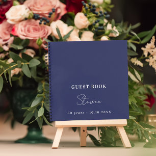 Guest book birthday navy blue white name simple