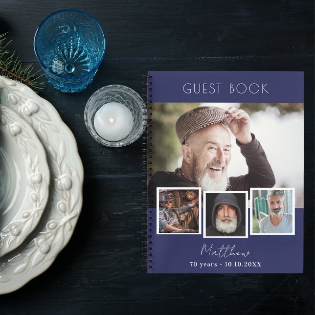 Guest book birthday navy blue white photo collage (Creator Uploaded)