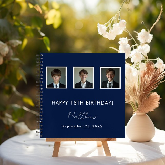 Guest book birthday navy blue white photo name (Creator Uploaded)