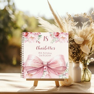 Guest book birthday pink bow cream florals
