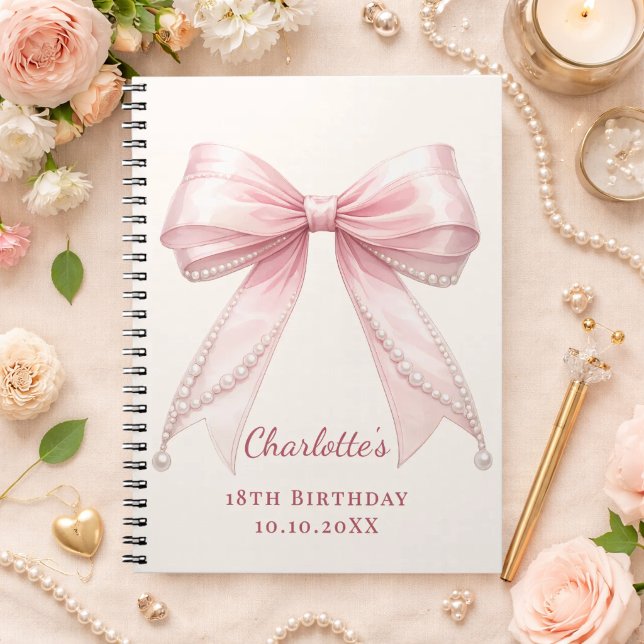 Guest book Birthday pink bow ivory pearls (Creator Uploaded)