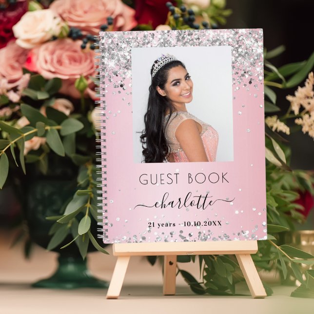 Guest book birthday pink silver photo (Creator Uploaded)