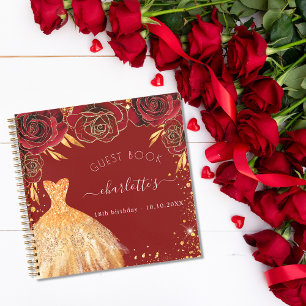Guest book birthday red gold glitter dress