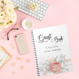 Guest book birthday rose gold floral silver