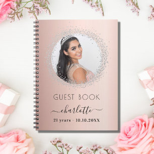 Guest book birthday rose gold silver glitter photo