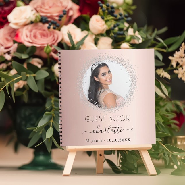 Guest book birthday rose gold silver glitter photo (Creator Uploaded)