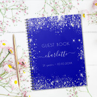 Guest book birthday royal blue silver glitter