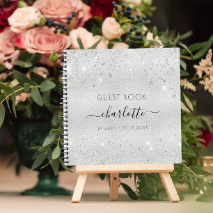 Guest book birthday silver glitter metal monogram