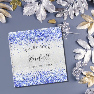 Guest book birthday silver royal blue glitter name