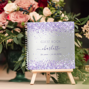 Guest book birthday silver violet glitter name